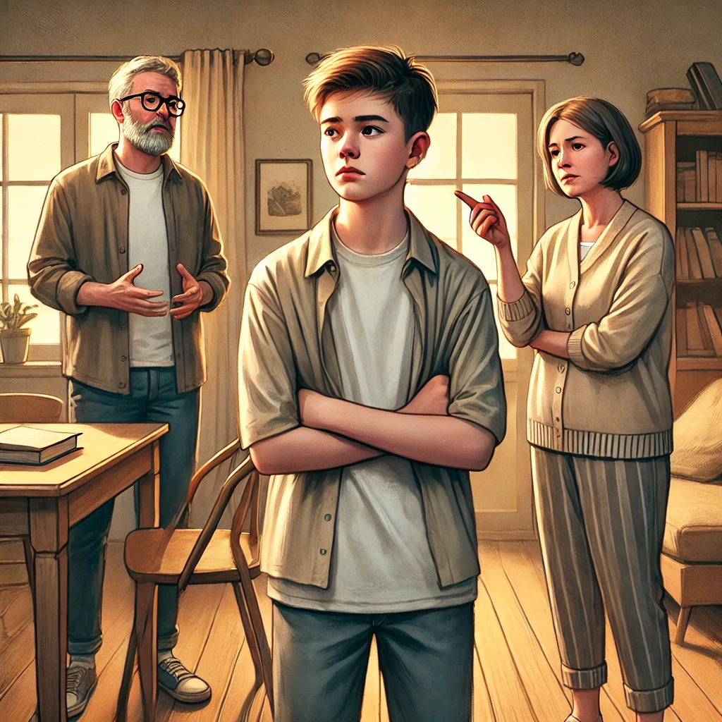 A teenage boy frustrated with scolding.